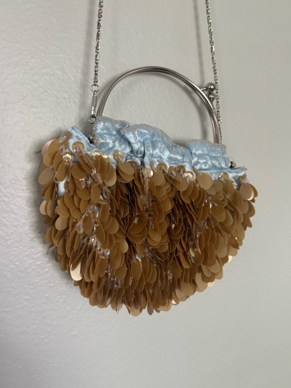 SOLD - Beaded Tan Sequin Accent Handbag with Blue Satin Trim Silver Hardware